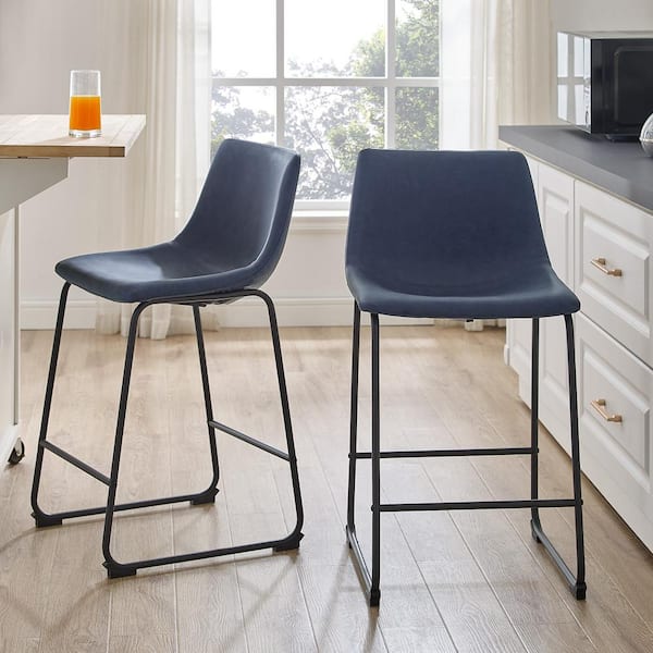 Wasatch 24 in. Navy Blue Low Back Metal Frame Counter Height Bar Stool with Faux Leather Seat (Set of 2)