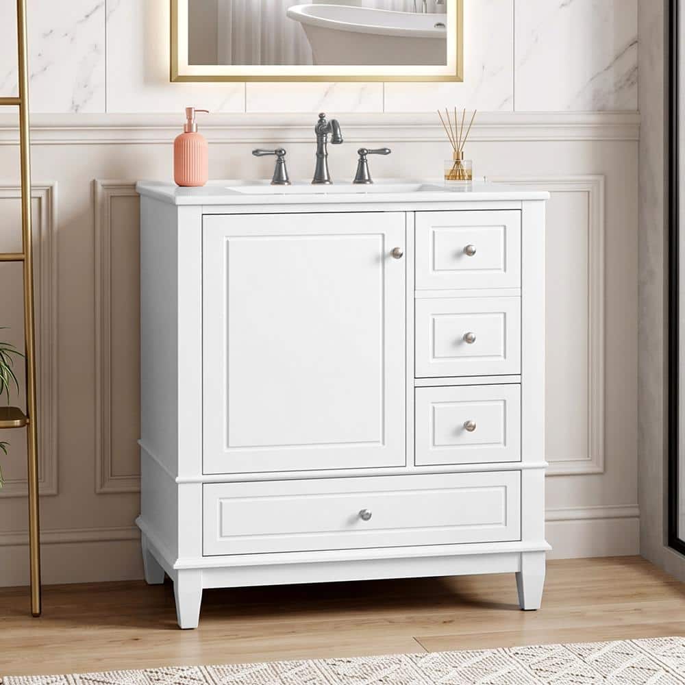 30 in.Single Sink White Freestanding Bathroom Vanity with White Ceramic Top,1 Soft Close Door with Shelf,3 Drawers price history on PriceWatchPro