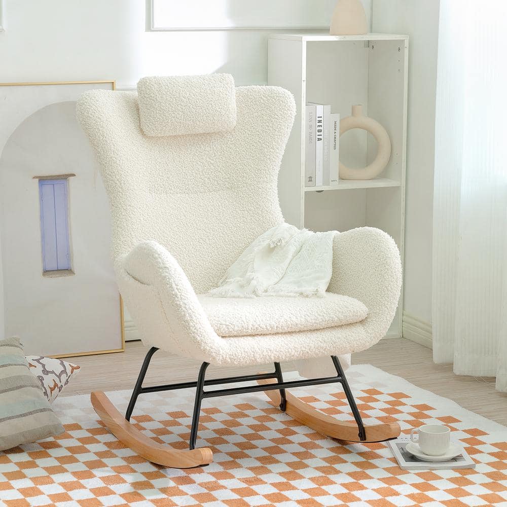 Rocking Chair,Simple Rocking Chair with Cushion for Breast Feeding &  Relaxing,Wide Back Rocking Chair with Armrest,Upholstered Comfy Living Room  Chair,Modern Single Sofa Chair Reading Armchair,White 