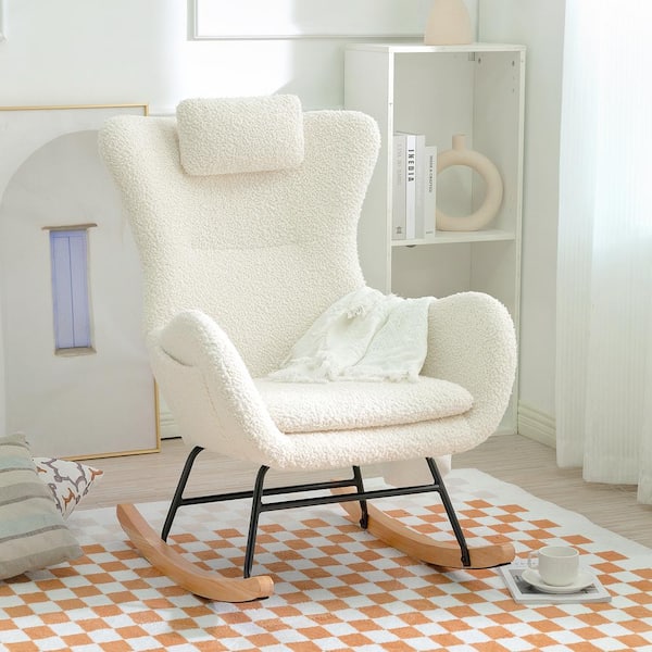 Harper & Bright Designs White Polyester Rocking Chair with Side Pocket and Adjustable Headrest, Accent Chair for Living Room and Bedroom