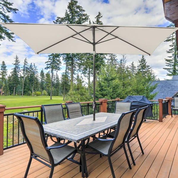 chair king patio umbrellas Ventura Textured Black Aluminum with Mica Pearl Sling 7 Piece Dining Set +  66 x 44 in. Table