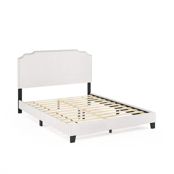 Nadia White Linen Queen Bed Frame Headboard with Nailhead