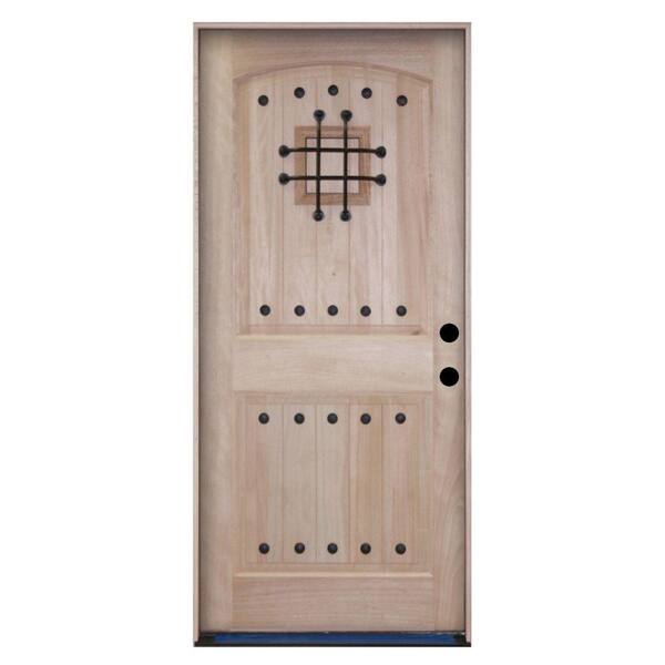 Steves & Sons Rustic 2-Panel Plank Unfinished Mahogany Wood Prehung Front Door with Speakeasy-DISCONTINUED