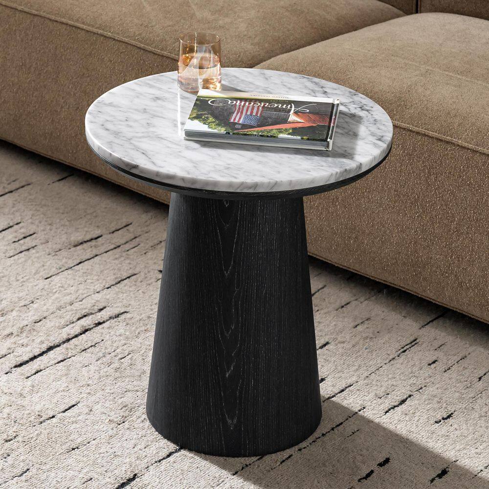Delphine 19.75 in. Oak Round Marble End Table with Oak Veneer - thumbnail 2