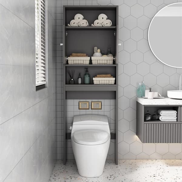 FUNKOL Home Edition Gray 3-Tier MDF Wooden Storage Cabinet with Toilet Fits Inside the Cabinet