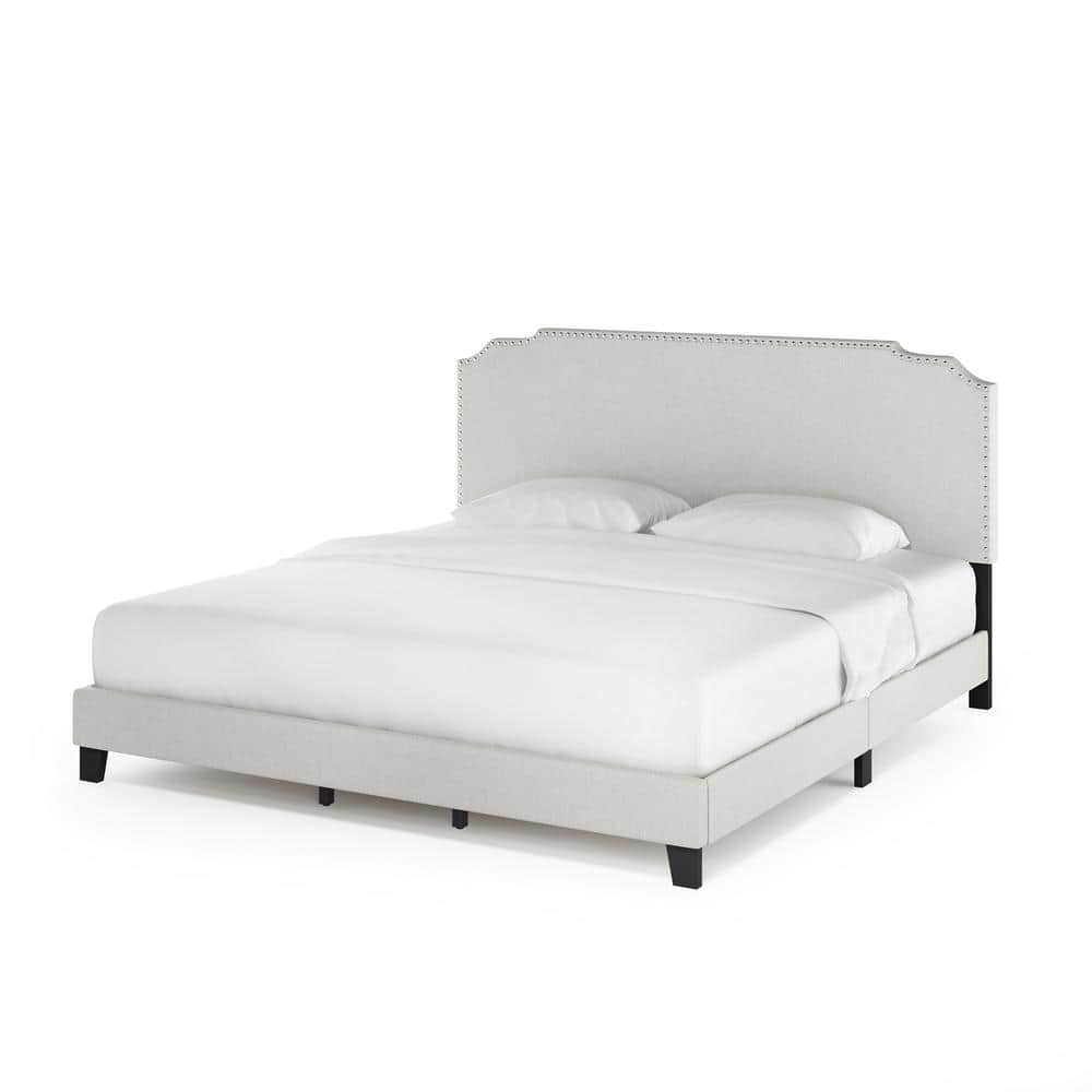 King Size Gray Upholstered Wood Bed Frame with Tufted Headboard
