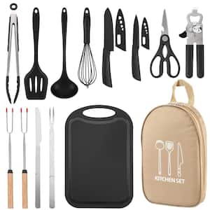 14-Piece Portable Stainless Steel and Silicone Camping Cookware Cooking Utensils Set with Khaki Bag for Picnic and Grill