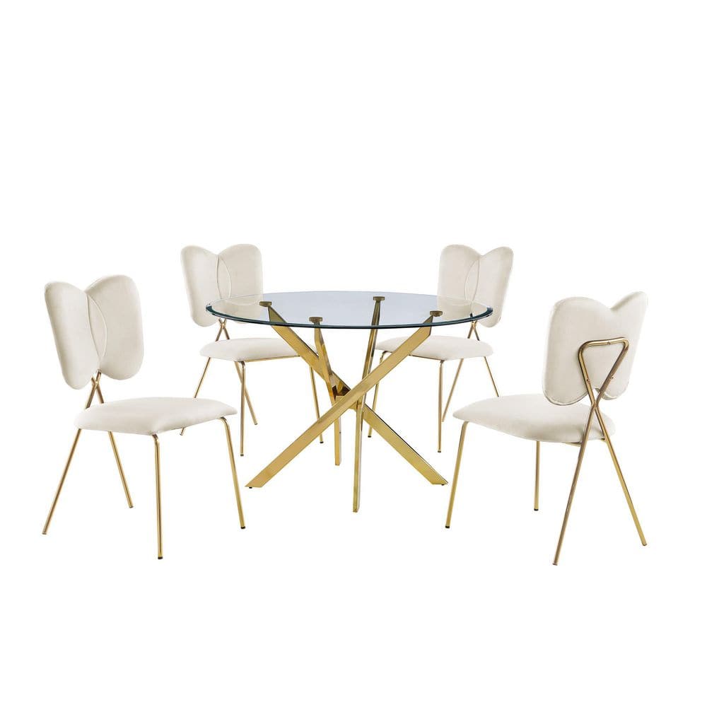 Best Quality Furniture Cerise 5Piece Tempered Glass Top and Cream Gold