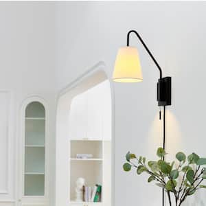 6.5 in. 1-Light Matte Black Swing Arm Plug-In or Hardwire Wall Sconce with White Fabric Shade