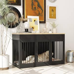 Modern Large Dog Crate with 3-Drawers, Wooden Dog House Dog Cage Storage Cabinet for Medium Small Dogs, Black