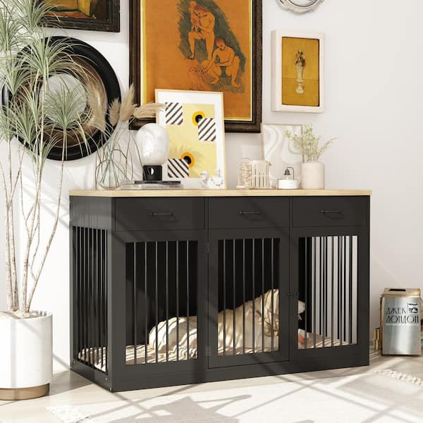 Modern Large Dog Crate with 3-Drawers, Wooden Dog House Dog Cage Storage Cabinet for Medium Small Dogs, Black