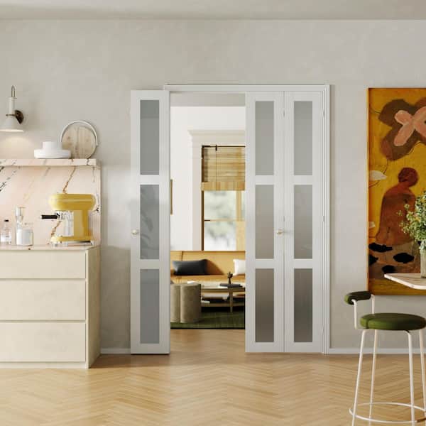 72 in. x 80 in. 3-Lite Frosted Glass Solid Core White PVC Covering MDF. 180 Degree Bifold Door with Hinges, No Handles