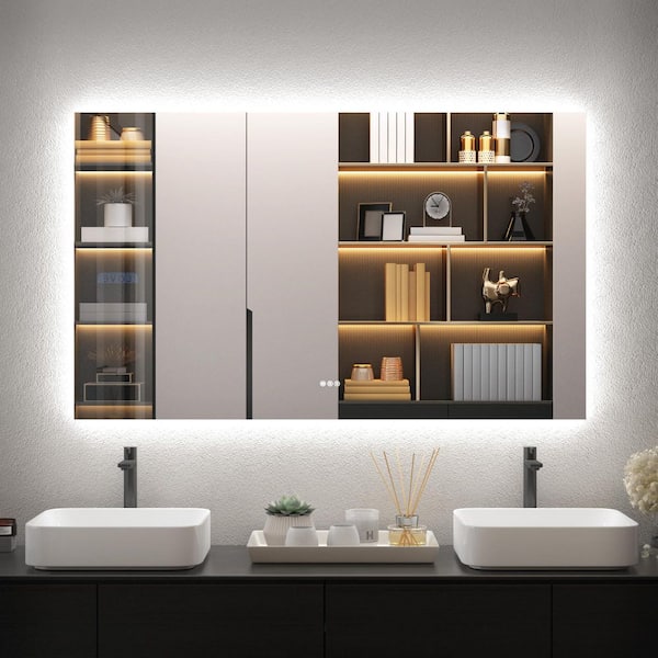 60 in. W x 36 in. H LED Lighted Backlit Modern Rectangular Frameless Anti-Fog Tempered Glass Wall Bathroom Vanity Mirror