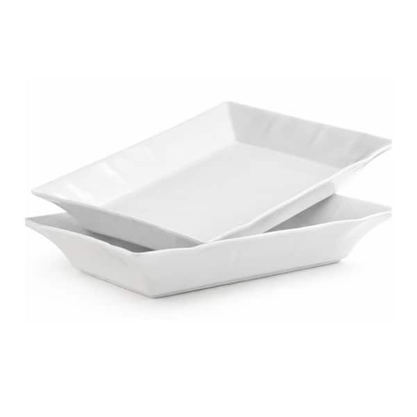 Ceramic White Finish Rectangular Baking Dish and Roasting Pan Set Versatile Oven Safe Serving Platters 2 Piece