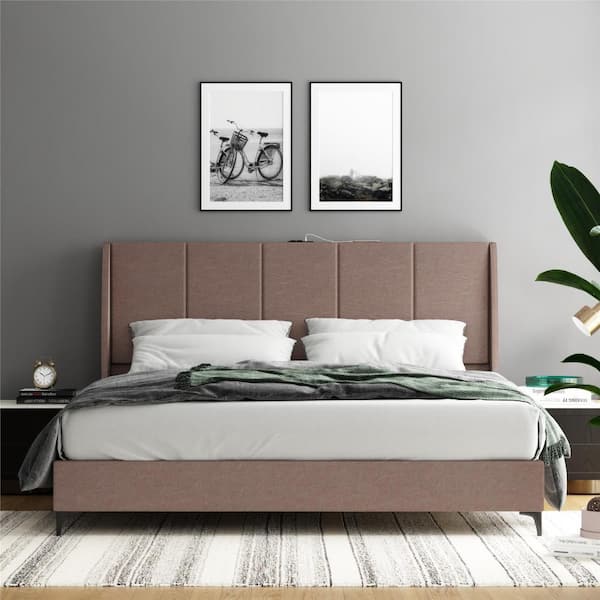 DHP Lamora Upholstered Wood Frame Wingback Bed with USB, King, Taupe Linen