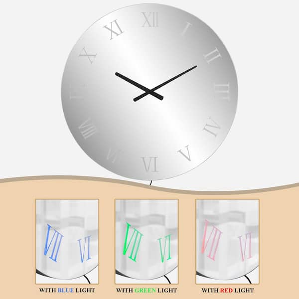 THKSHOUZ Silver 27.6 in. Round Frameless Glass Mirror Wall Clock