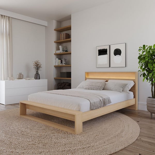 Gael Beige Oak Frame Queen Size Slatted Platform Bed and Headboard with Integrated Light