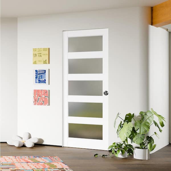 32 in. x 80 in. MDF Composite, Primed, White, 5 Lite, Frosted Glass Interior Door Slab with Black Goal Doorknob