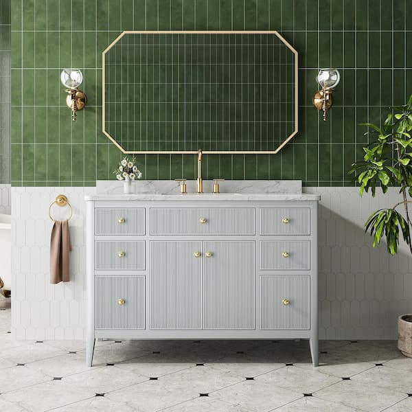 48 in. W Single Sink Solid Wood Bath Vanity in Light Gray with White Engineered Marble Top, Soft-Close