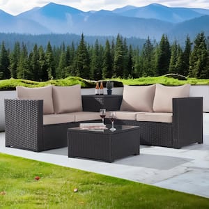 4-Piece Patio Rattan Sectional Sofa Set with Storage Box and Glass Coffee Table with Sand Cushion
