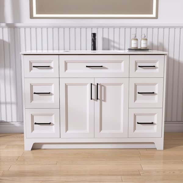 48 in. W x 21.5 in. D x 34.1 in. H Freestanding Bath Vanity White Solid Wood Cabinet and Single Basin Solid Surface Top
