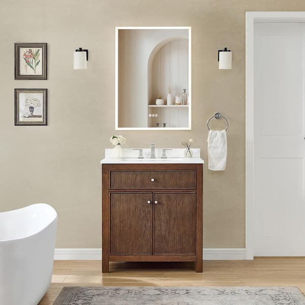 Pendry 30 in. Single Freestanding Dark Walnut with Brushed Nickel Trim Bath Vanity with Giotto Quartz Top
