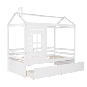 White Twin Size Wood House Bed with 2-Drawers