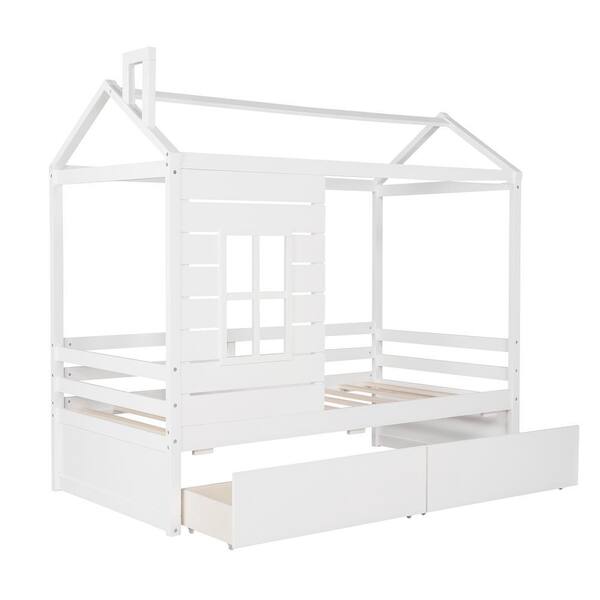 Qualler White Twin Size Wood House Bed with 2-Drawers