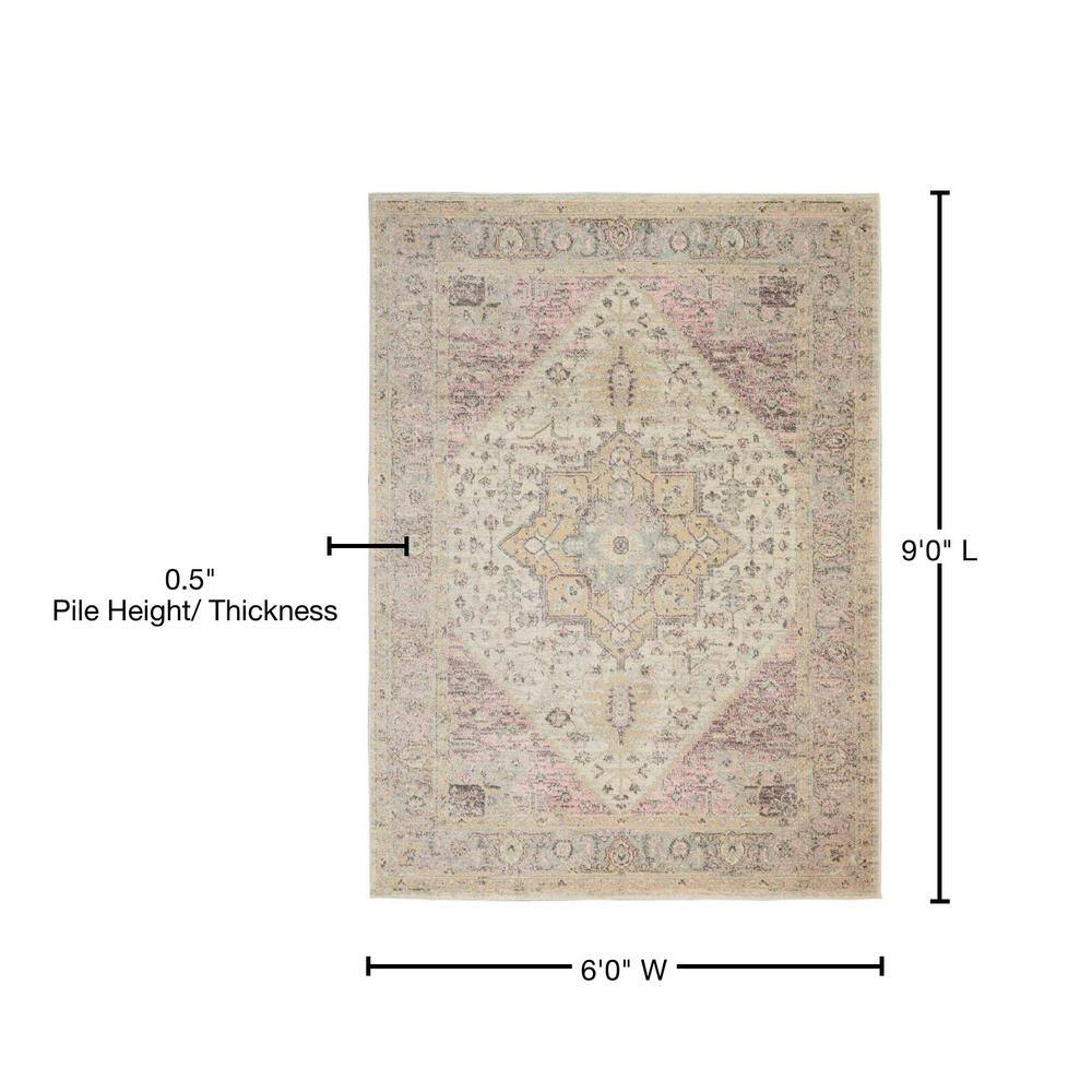 Ivory and Pink Synthetic Rectangular 6' x 9' Area Rug