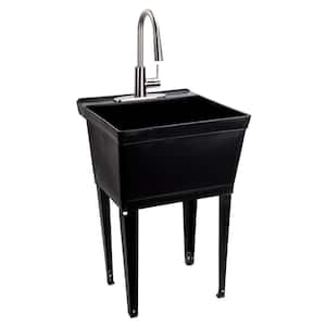 Complete 22.875 in. x 23.5 in. Black 19 Gal. Utility Sink with Metal Hybrid Stainless Steel High Arc Pull-Down Faucet