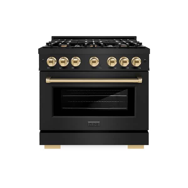 Select 36 in. 6-Burner Dual Fuel Range with Convection Oven in Black Stainless Steel and Polished Gold