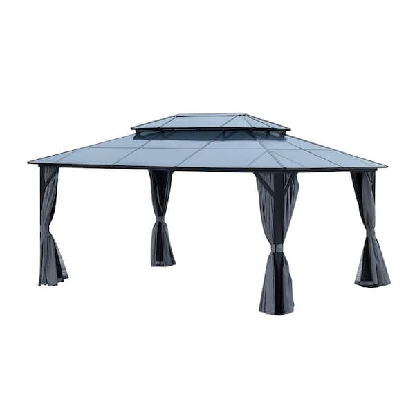 Unbranded 12 ft. x 16 ft. Aluminum Double-Roof Polycarbonate Hardtop Outdoor Patio Permanent Gazebo with Netting and Curtains