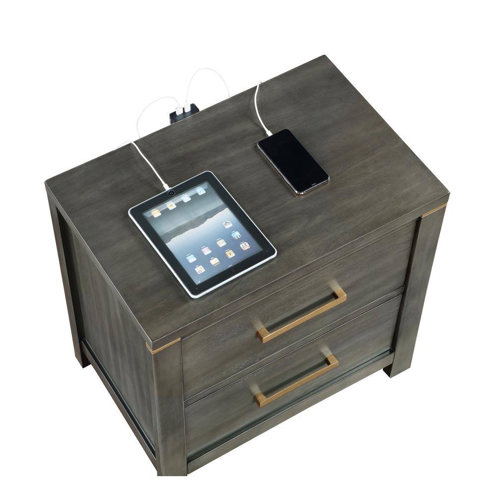 Gray Pine Transitional 2-Drawer Nightstand with Brass Accents