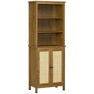 23.5 in. Wide Walnut 5 Shelf Rustic Wooden Bookcase Bookshelf with Cabinet and Rattan Doors and Shelves