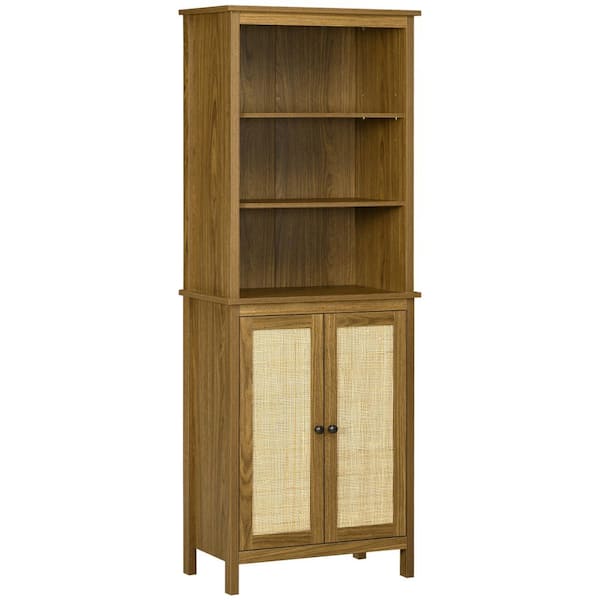 HOMCOM 23.5 in. Wide Walnut 5 Shelf Rustic Wooden Bookcase Bookshelf with Cabinet and Rattan Doors and Shelves