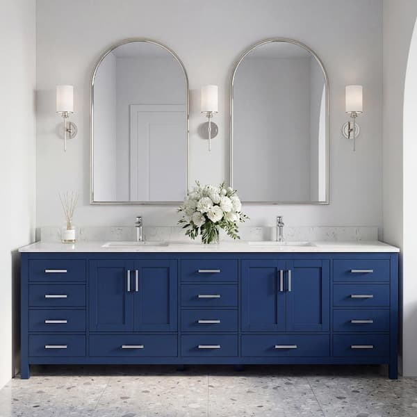 Aeterna 96 in. W Double Sinks Freestanding Bath Vanity in Galaxy Blue with White Carrara Cultured Marble Top