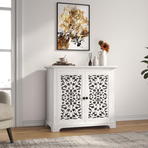 31.5 in. W x 16 in. D x 30 in. H Antique White Wood Console Table Antique Sideboard Storage Cabinet with 2 Carving Doors