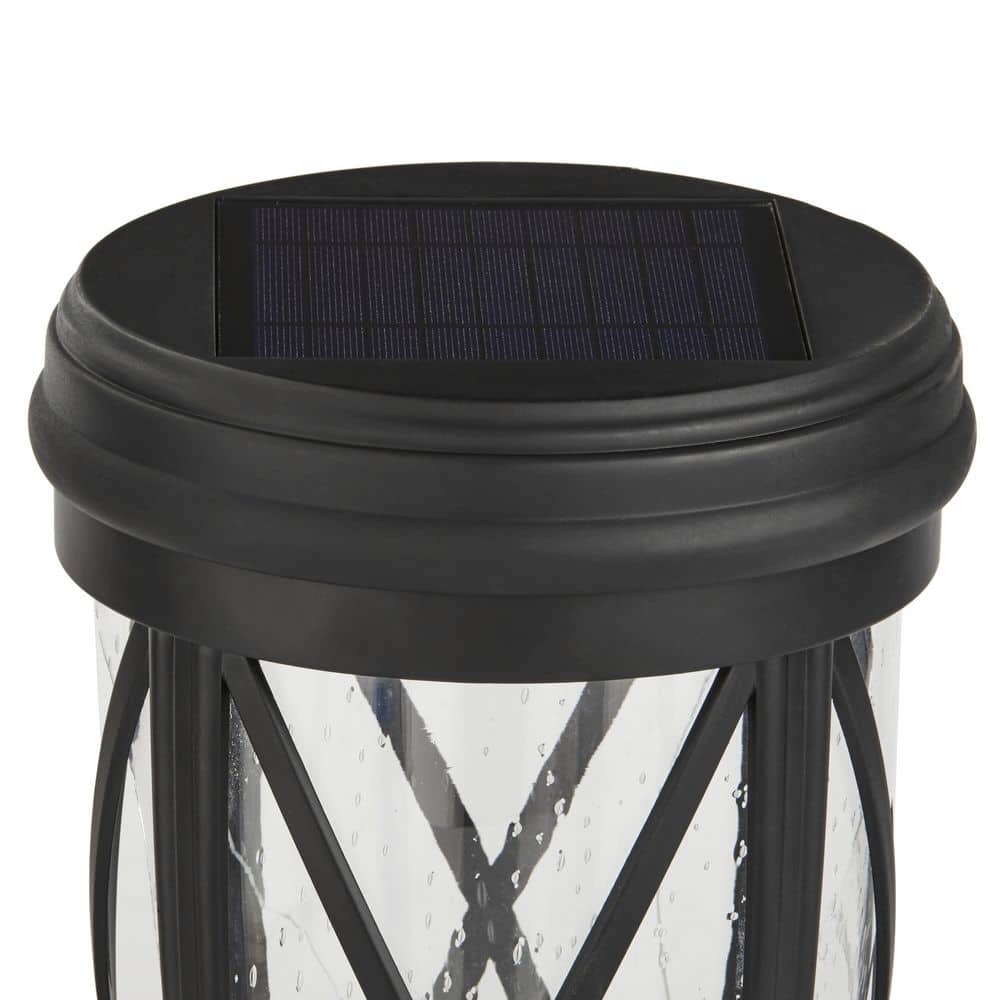 Black Aluminum Solar Post Lantern with Seeded Glass Shade