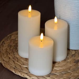{5/6/7} in. x 3in. White Real Wax Lantern with LED Candle with Remote Control Timer and Dimmable Light (3-Pack)