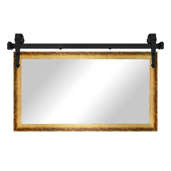 (54 in. W x 33 in. H) Gold/Bronze Modern Rustic Mirror with Steel Barn Door Rail