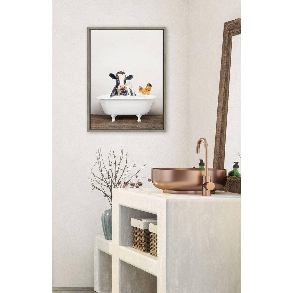 Gray Framed Canvas Print of Cow and Chicken in Bathtub, 18" x 24"