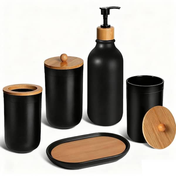 5-Piece Bathroom Accessory Set with Soap Dispenser and Toothbrush Holder Set, Soap Dish, Cotton Swab Jar in Black