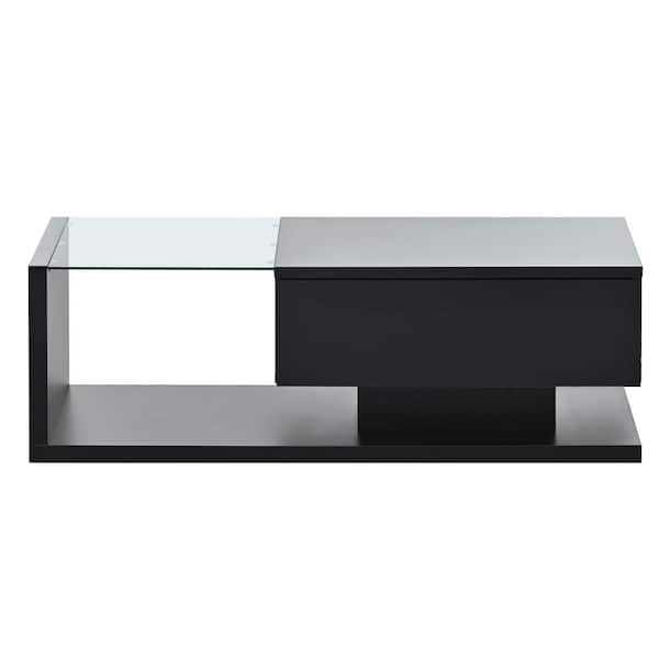 Noble House Malvyn 39.3 in. Black Modern Rectangle Glass Coffee Table with Storage Space