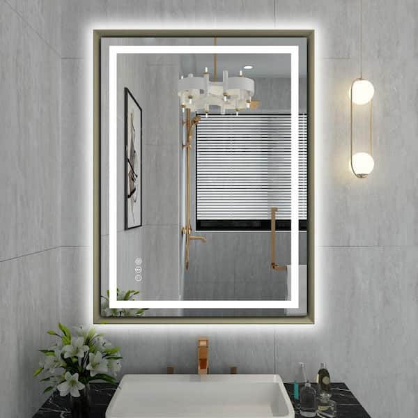 QuivaraView 24 in. W x 32 in. H Rectangular Aluminum slope Framed LED light Bathroom Vanity Mirror in Color Champagne Gold