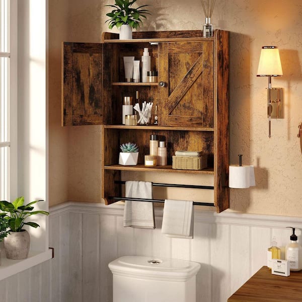 Wooden Toilet Paper Holder Wall Mount with Shelf Farmhouse Bathroom Storage  Rack