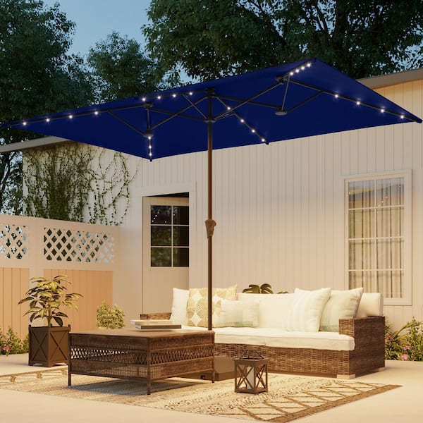 10 ft. x 6.5 ft. Steel Solar-powered Double-Sided Market Patio Umbrella with Canopy Outdoor Table Umbrella in Navy Blue