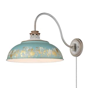 Kinsley Aged Galvanized Steel Hardwired/Plug-In Swing Arm Wall Lamp with Antique Teal Shade