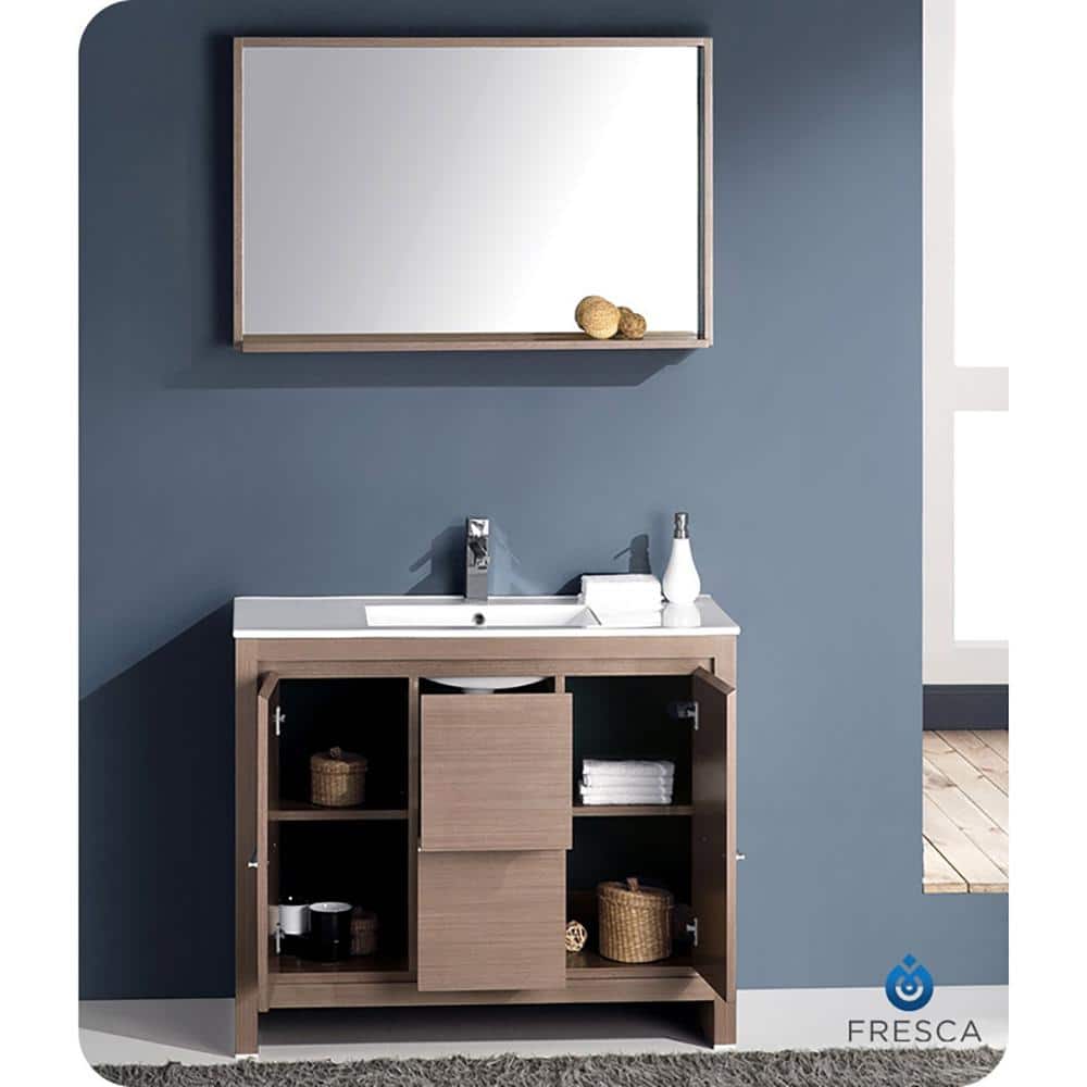 Modern Gray Oak Rectangular Bathroom Vanity Mirror with Shelf