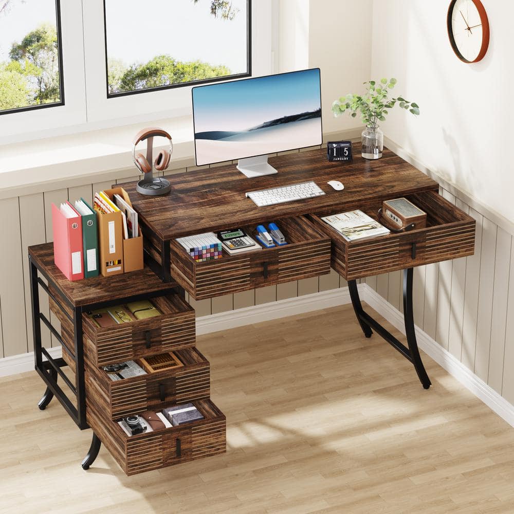 Industrial Brown Wood 55" Computer Desk with 5 Drawers