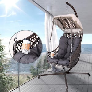 Dark Gray Wicker Rattan Frame Swing Egg Chair, 350 lbs. Capacity, with Sunshade Cloth, Courtyard, Cushion and Pillow